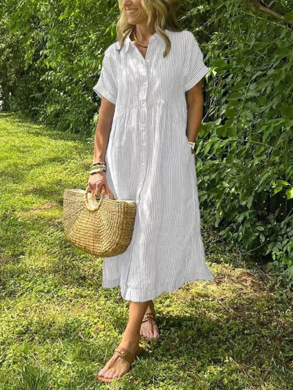 Women's White Striped Collared Short-Sleeve Relaxed Maxi Shirt Dress